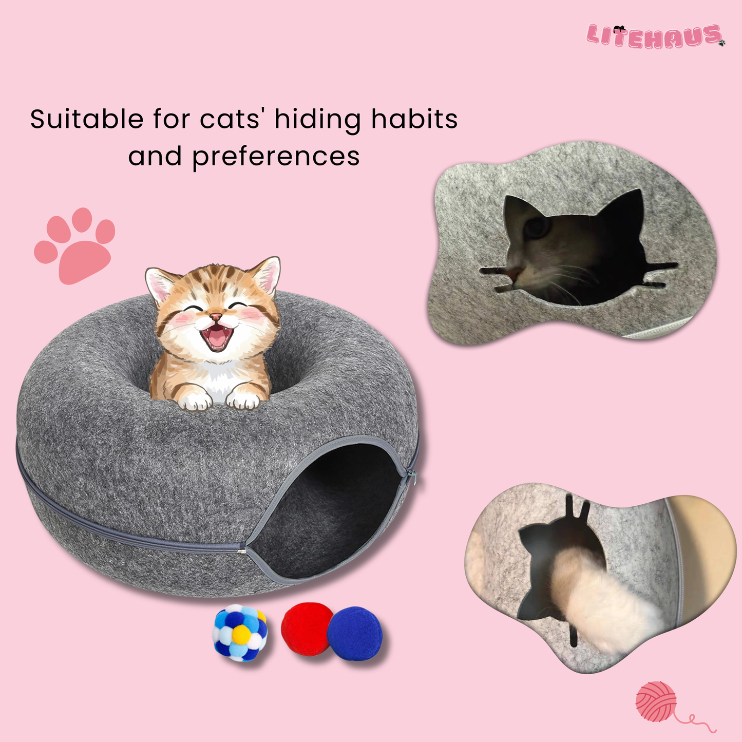 Felt Donut Cat Bed 2-in-1 Tunnel House – Cozy Hideout & Play Bed for Cats
