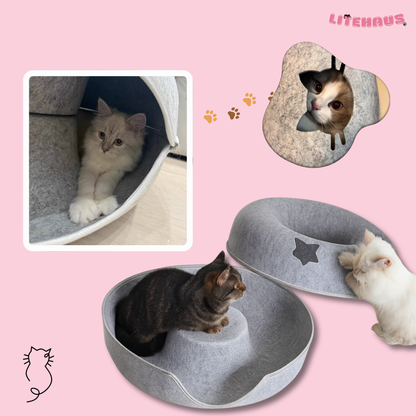 Felt Donut Cat Bed 2-in-1 Tunnel House – Cozy Hideout & Play Bed for Cats