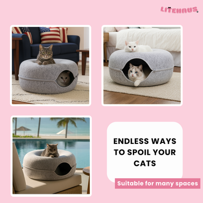 Felt Donut Cat Bed 2-in-1 Tunnel House – Cozy Hideout & Play Bed for Cats